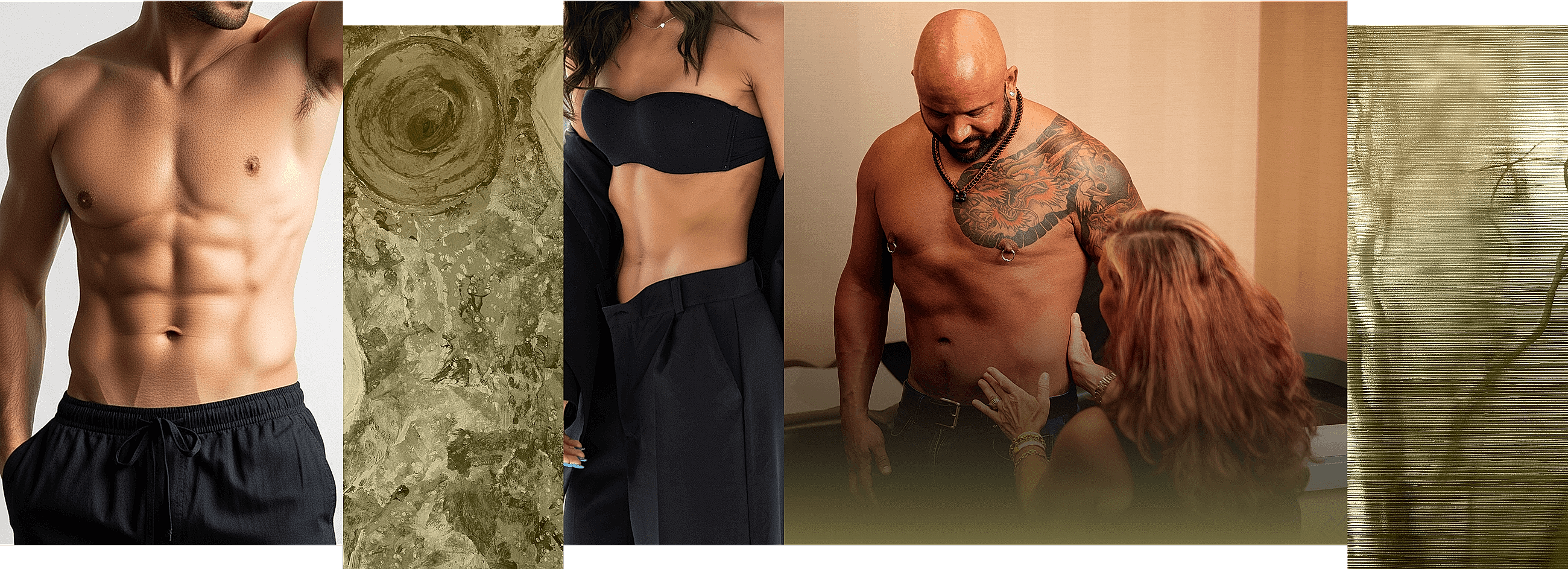 Stylized images of diverse, fit bodies.