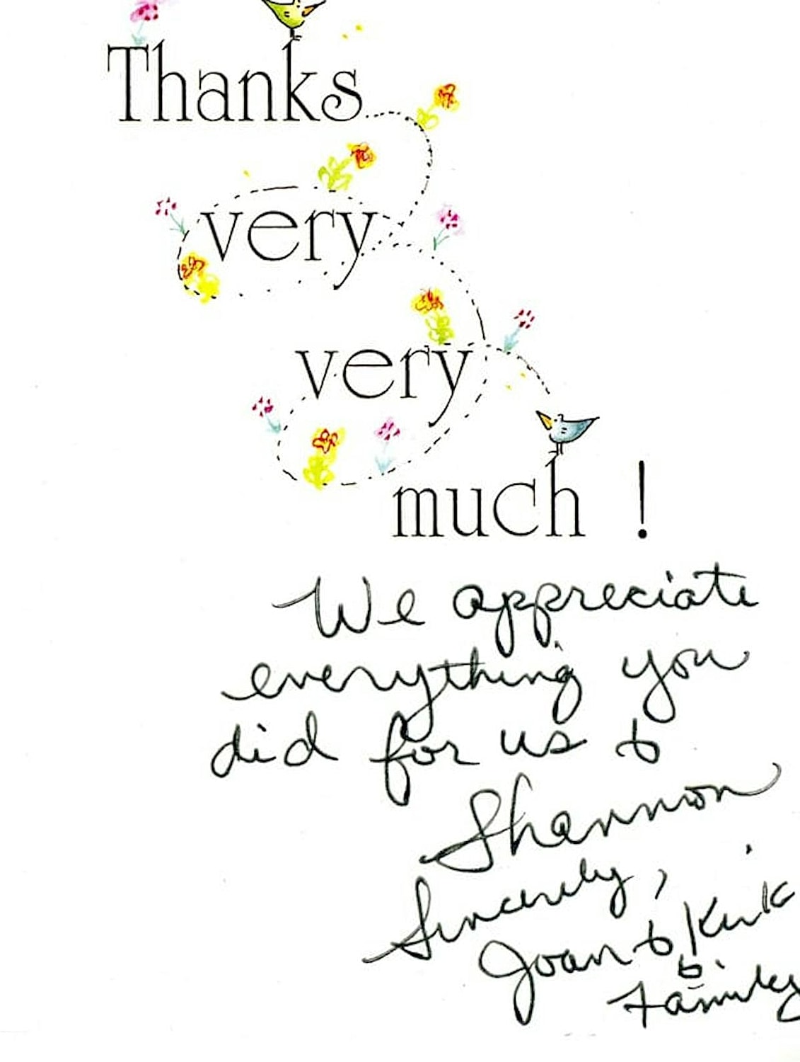 Thank you note with colorful designs and handwriting.