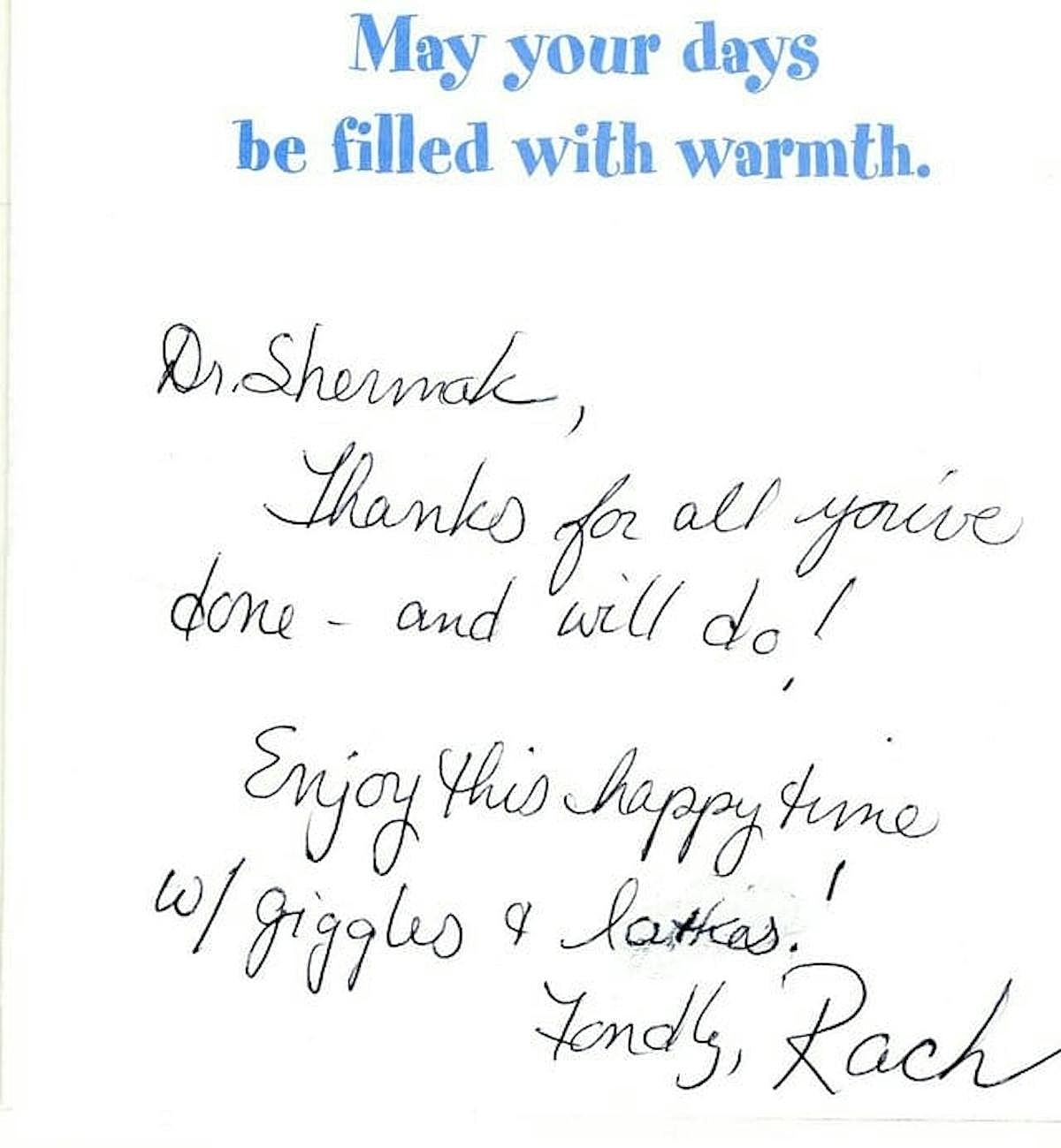 Handwritten thank-you note with warm wishes.