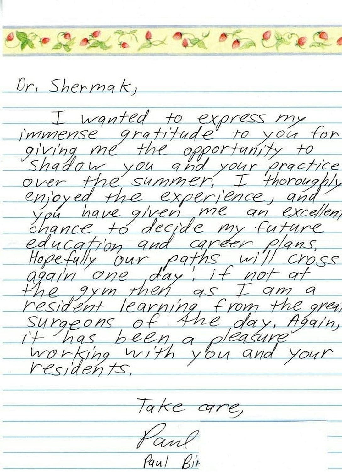 Handwritten thank-you note to Dr. Shermak.