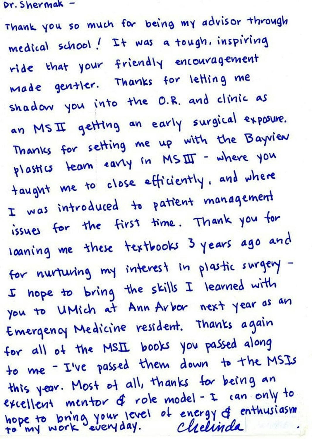 Thank you note from medical student to advisor.