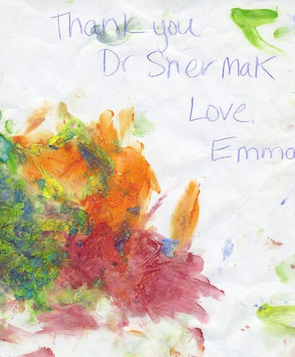 Child's thank you note with colorful artwork.