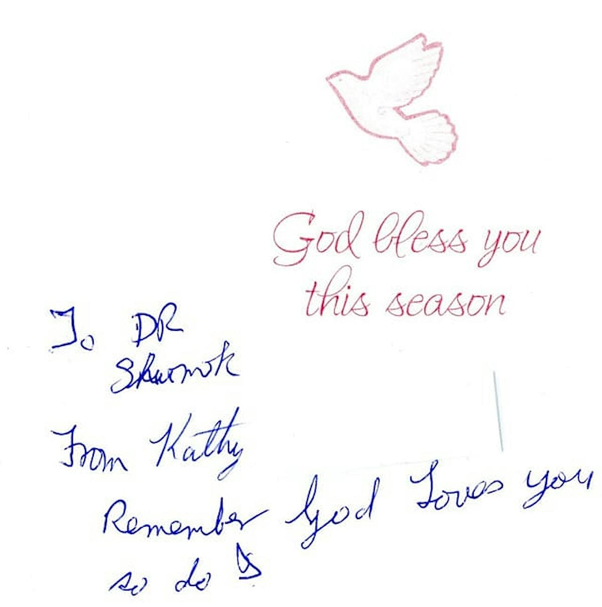 Handwritten greeting card with message of blessing