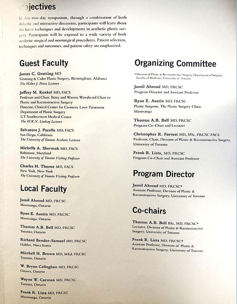 Symposium program for aesthetic plastic surgery experts.