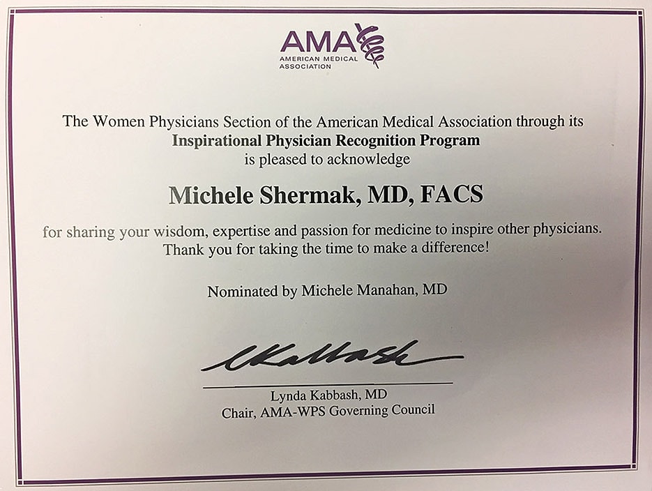 Award certificate for Michele Shermak, MD, FACS