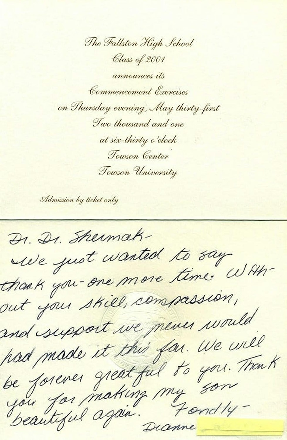 Fallston High School 2001 Commencement invitation and note.
