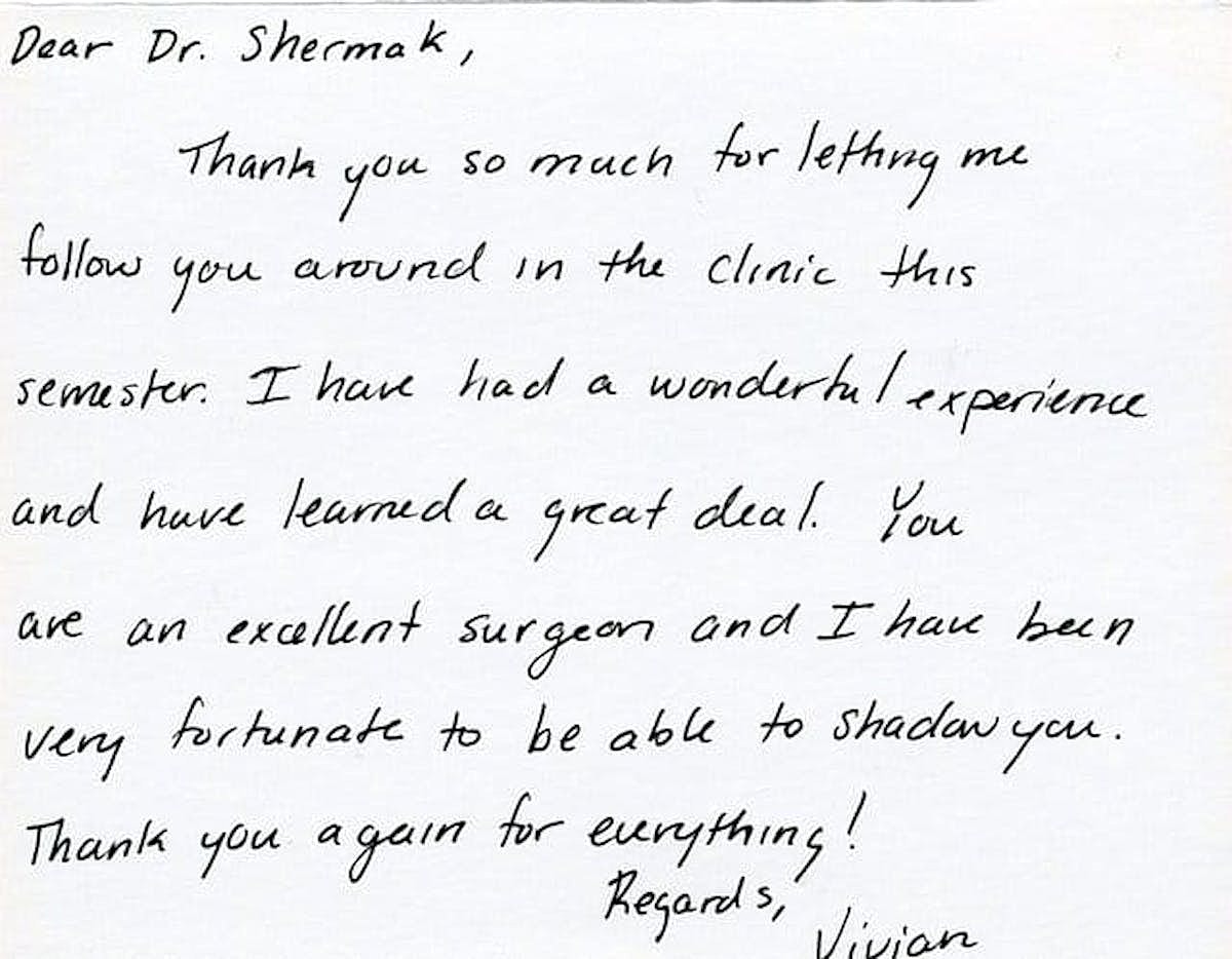 Thank you note to Dr. Shermak from Vivian.