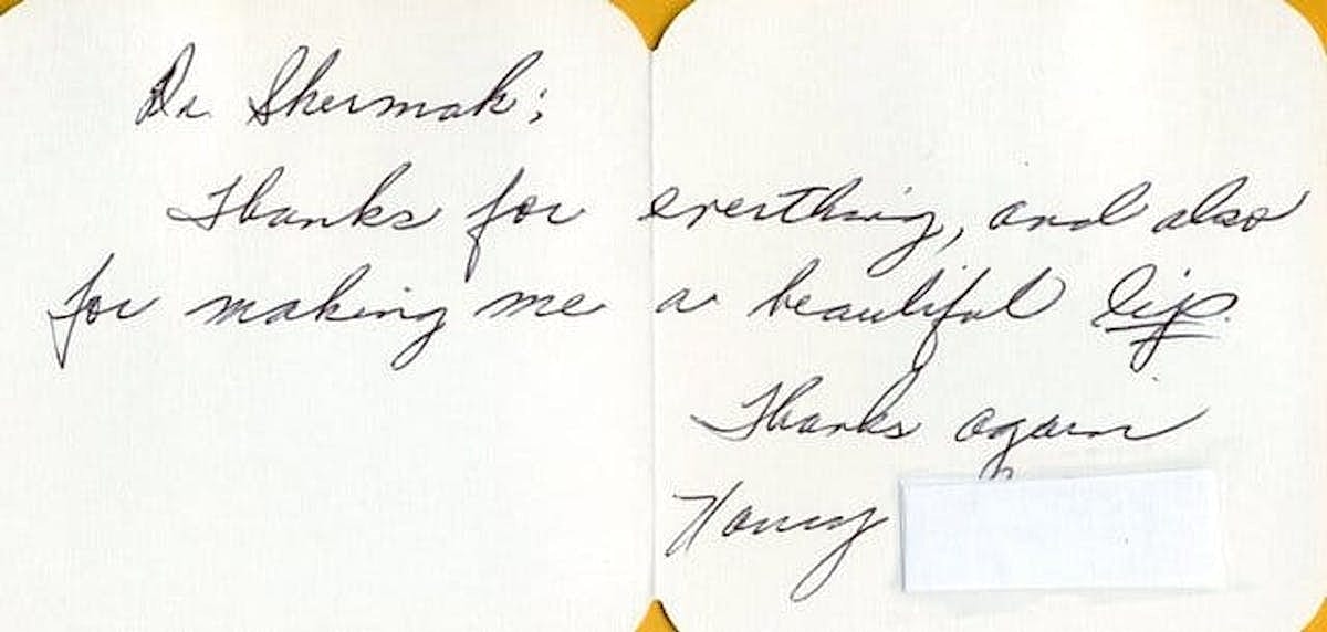 Handwritten thank you note expressing gratitude.