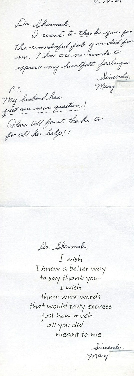 Letter of gratitude to Dr. Shermak from Mary.
