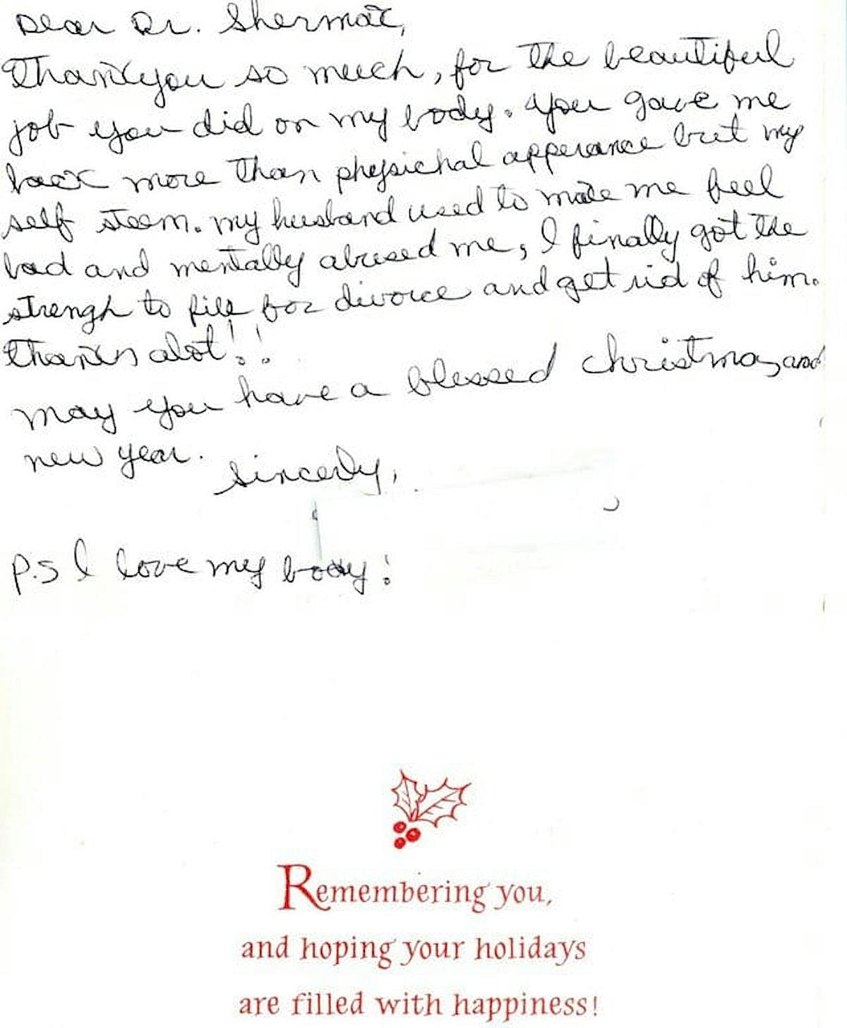 Handwritten gratitude note for body positivity support.