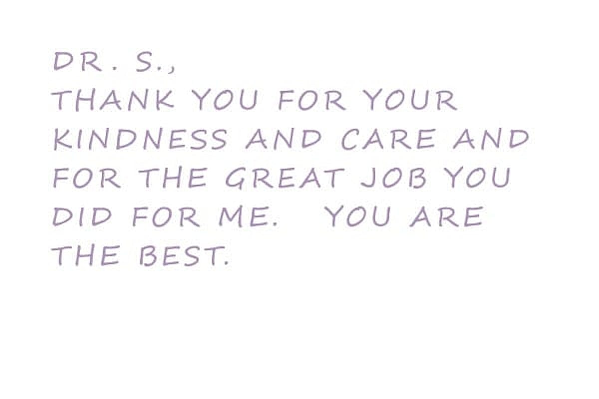 Thank you note for a doctor's care and kindness.