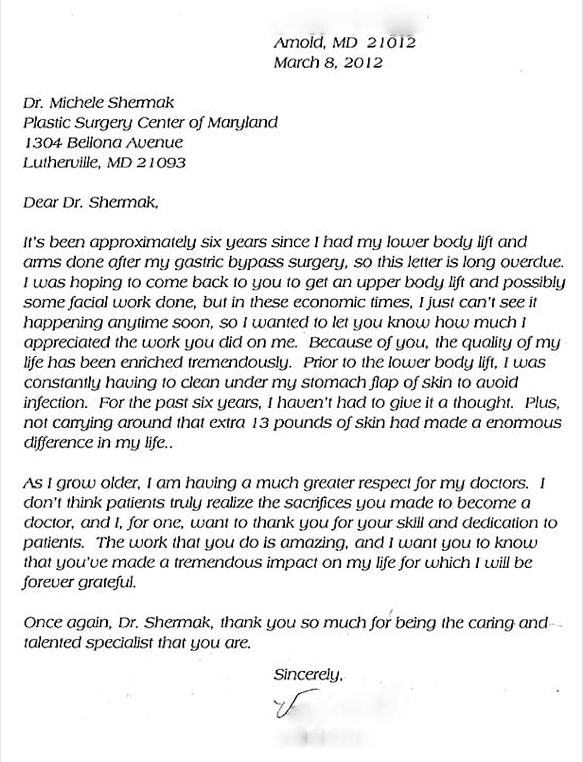 Letter expressing gratitude to a plastic surgeon.