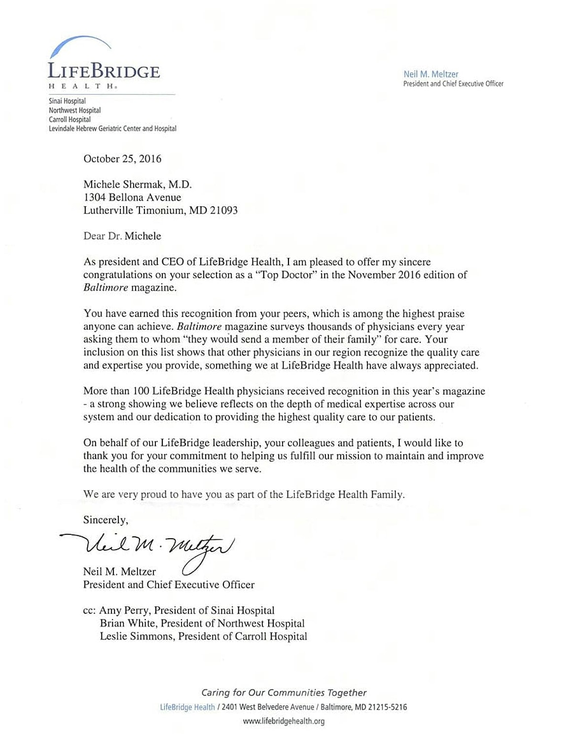 Congratulations letter to Dr. Michele Shermak.