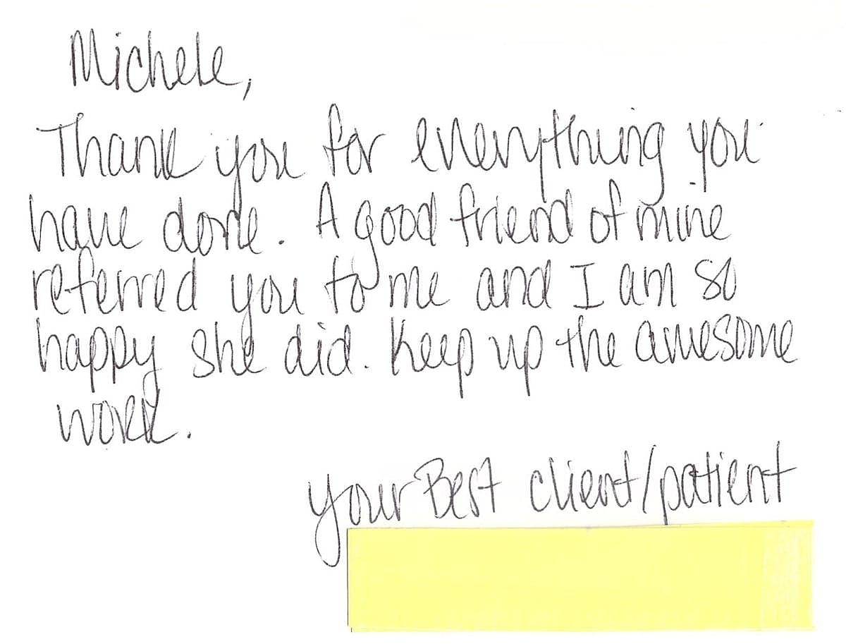 Thank you note from a client or patient.