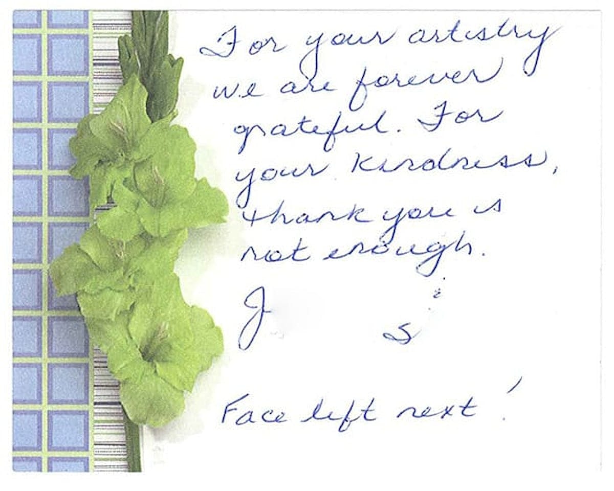 Handwritten thank you card with flowers.