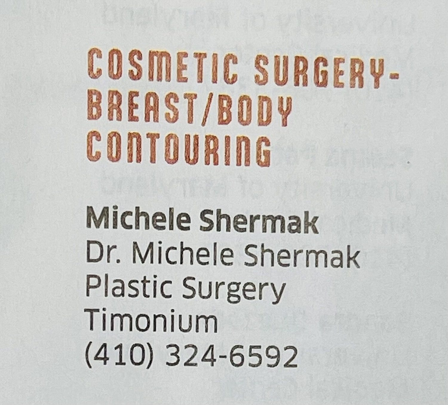 Cosmetic surgery advertisement for breast and body contouring.