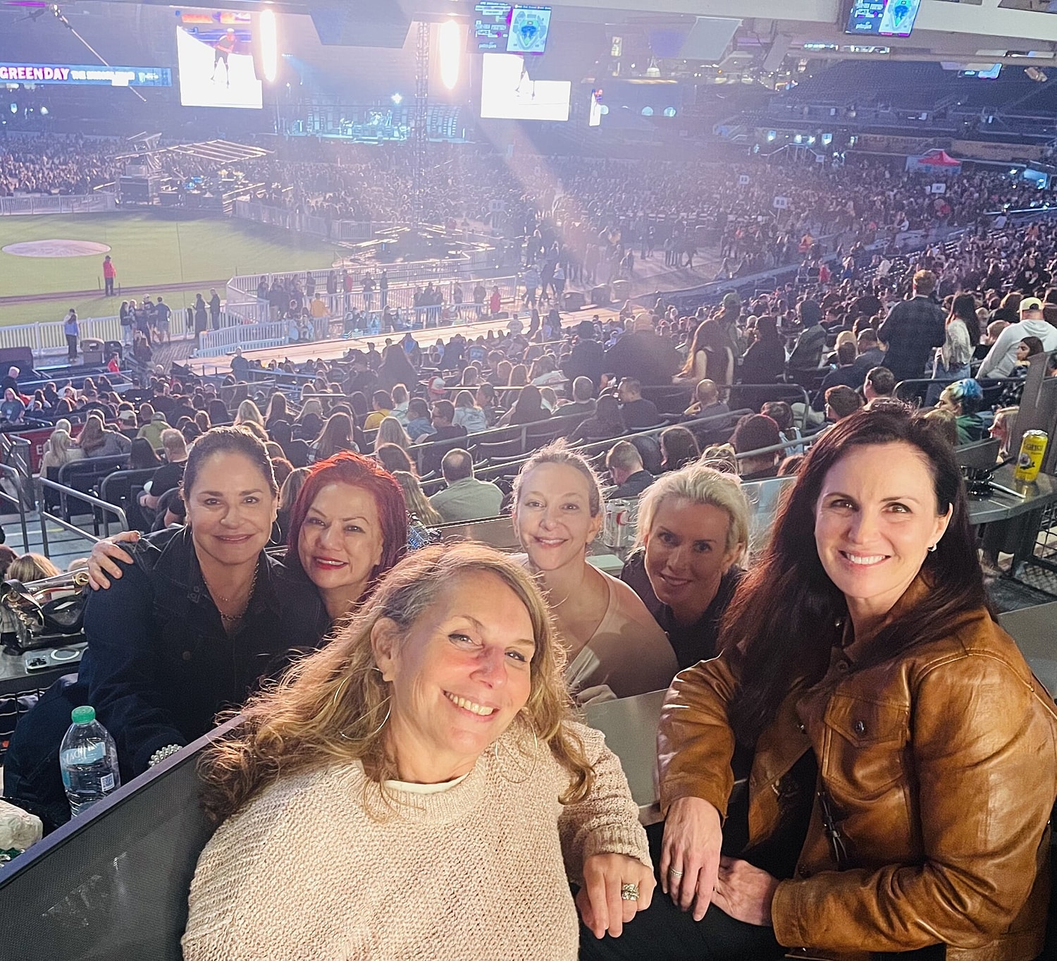 Friends enjoying a concert together at a stadium.