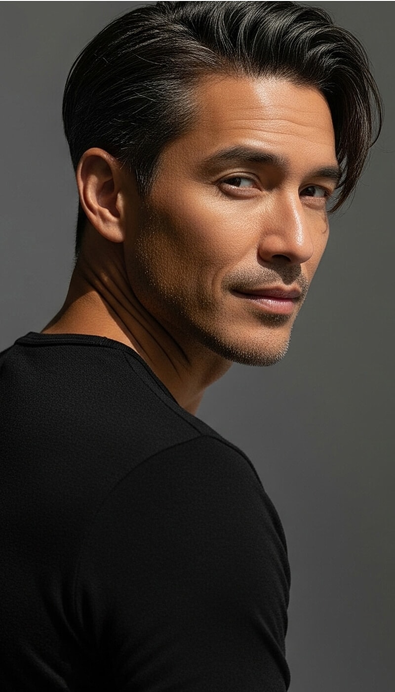 Man with stylish hair and confident expression.