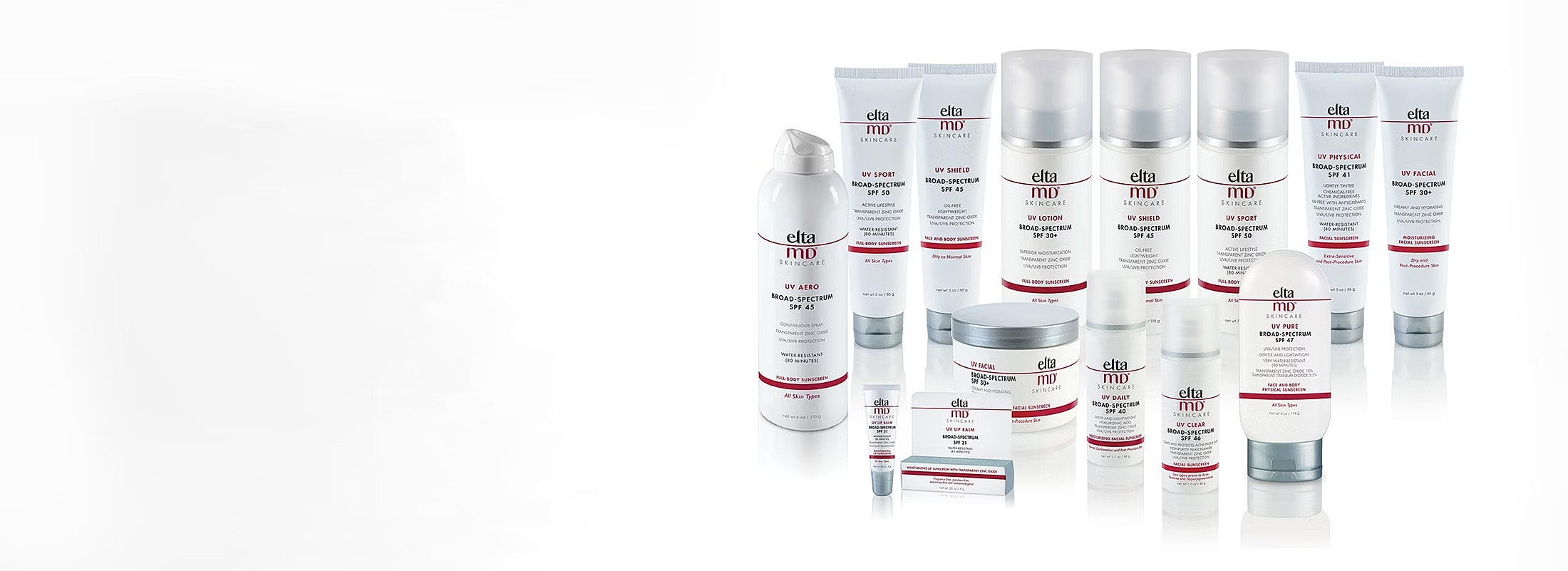 Elta MD skincare product lineup with sunscreens.