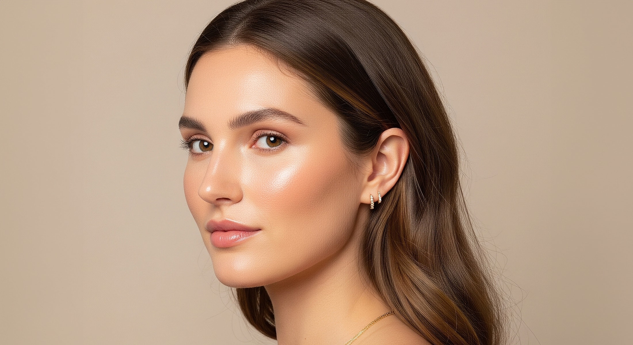Profile of a woman with glowing skin and earrings.
